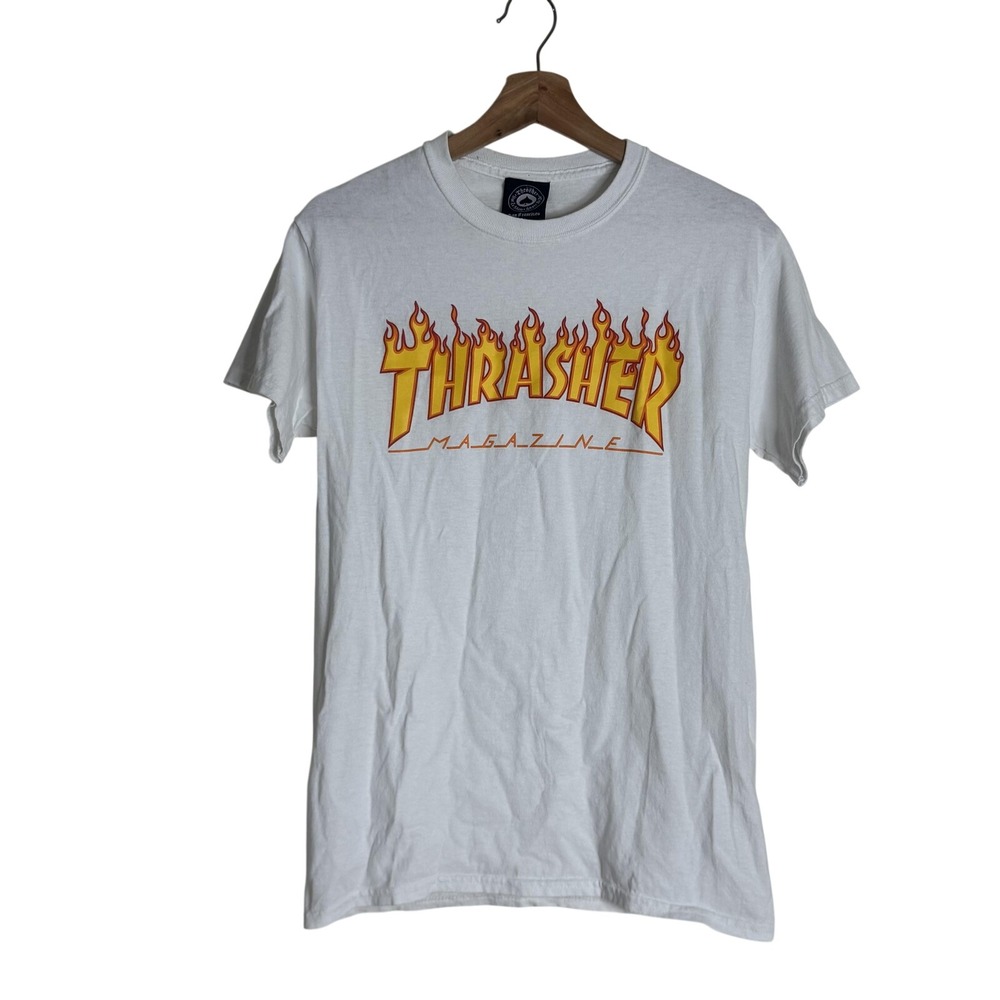 Thrasher White Tee with Yellow & Red Flame Logo